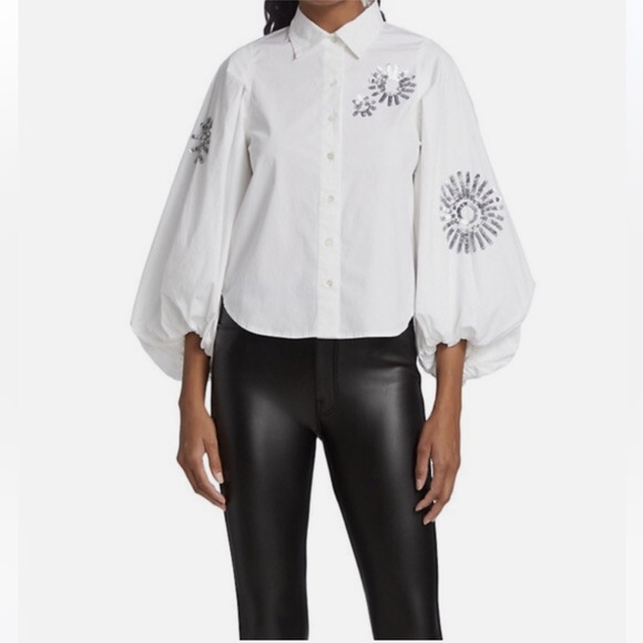 Tanya Taylor | Marina Balloon-Sleeve, Embellished Sequin Button Blouse Size 2 - Picture 1 of 16